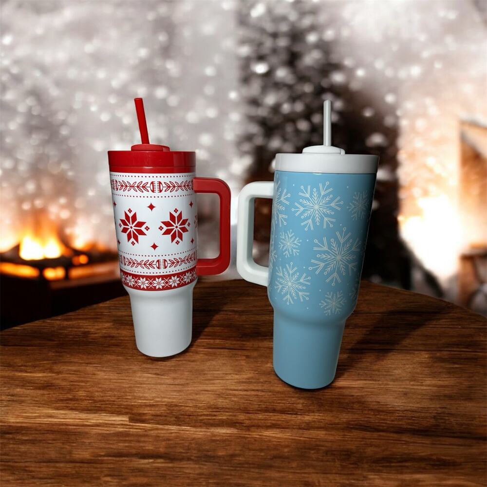 2 New 40 oz Stainless Steel Tumbler Christmas Cups Snowflakes White Blue Red